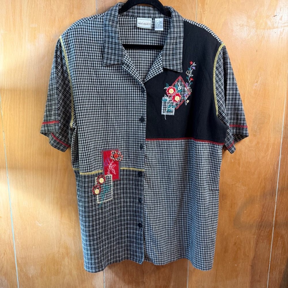 Vintage Gingham Patchwork Floral Embroidered Button Up Blouse 2X